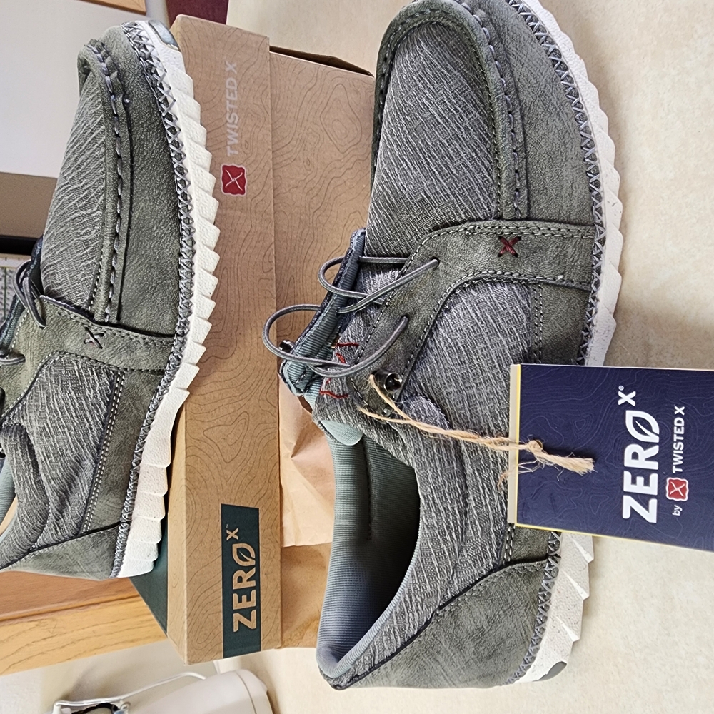 Twisted X Gray Boat Shoes with Moccasin Stitching and Rubber Sole